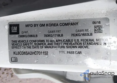 2017 Chevrolet Spark 1Lt Cvt из США, поврежденный, VIN KL8CD6SA2HC701152